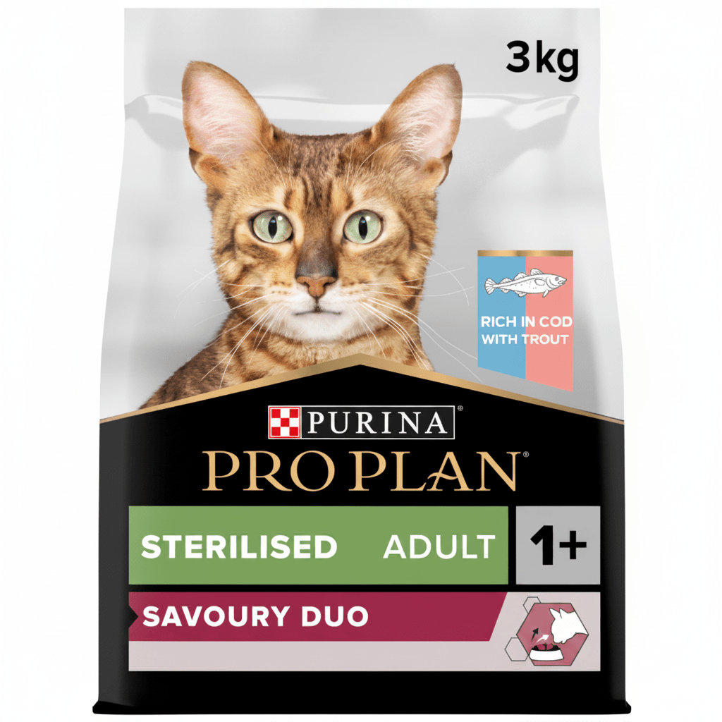 Purina Pro Plan Sterilised Adult Savory Duo Dry Cat Food with Cod and Trout, 3 kg - SNH Packing