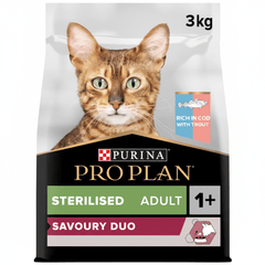 Purina Pro Plan Sterilised Adult Savory Duo Dry Cat Food with Cod and Trout, 3 kg - SNH Packing