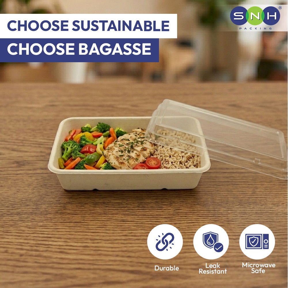 Rectangular Bagasse Tray UAE - with PET Lid - SNH Packing