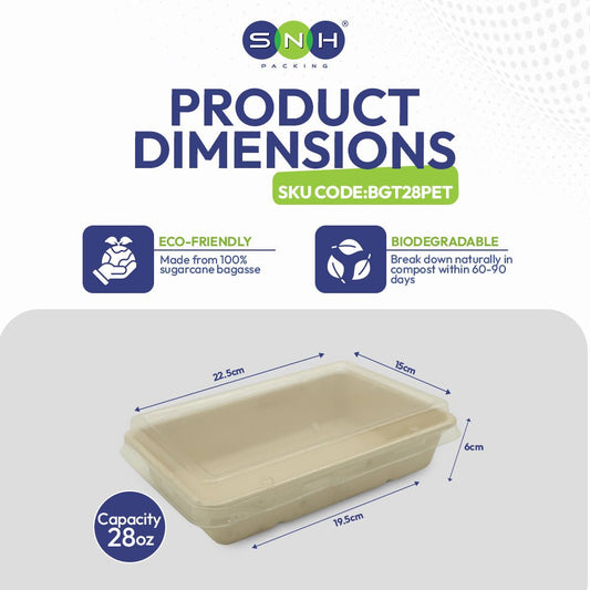 Rectangular Bagasse Tray UAE - with PET Lid - SNH Packing
