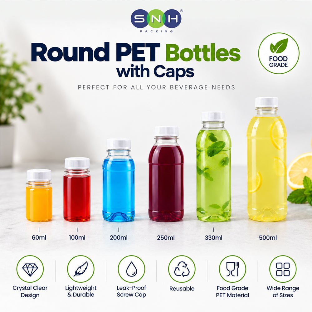Round PET Bottles with Caps 60ml to 500ml Food Grade - SNH Packing