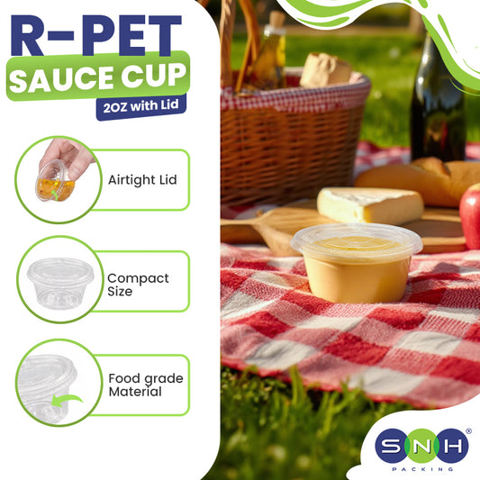 R-PET sauce cup with lid on a picnic setting, featuring SNH Packing logo.