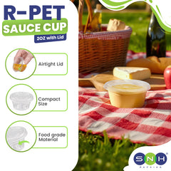 R-PET sauce cup with lid on a picnic setting, featuring SNH Packing logo.