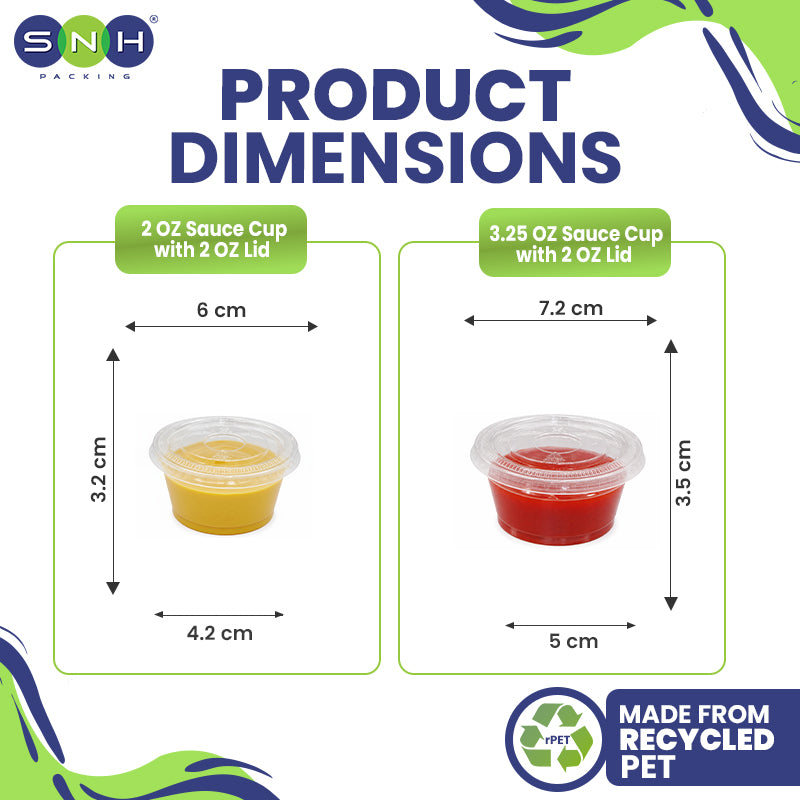 Product dimensions chart for 2 oz and 3.25 oz sauce cups with lids, featuring SNH Packing logo and recycled PET label.