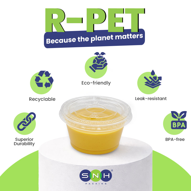R-PET container with sustainability features and SNH Packing logo on a white background