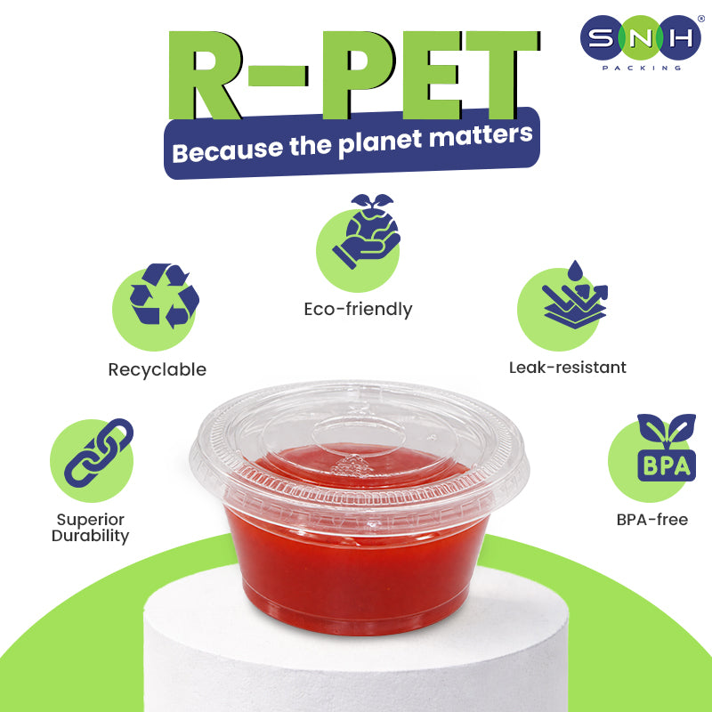 Red container with a lid on a white pedestal, surrounded by green icons and text about R-PET material benefits.