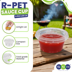 R-PET sauce cup with lid on a wooden surface outdoors, featuring SNH Packing logo.
