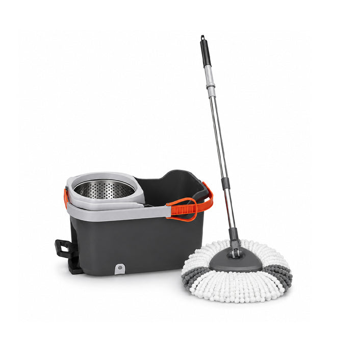 A floor mop and bucket set on a white background, featuring a round white and gray microfiber mop head with a long silver handle and a dark gray bucket with a gray wringer basket and orange accents.