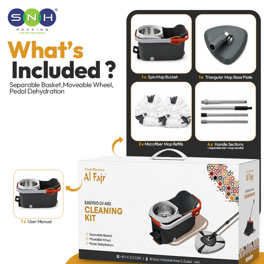 Al Fajr EasyVod Uzi-Agi Cleaning Kit by SNH Packing, featuring a separate spin mop bucket, triangular mop base plate, microfiber mop ruffs, handle sections, and user manual, shown in its retail packaging.