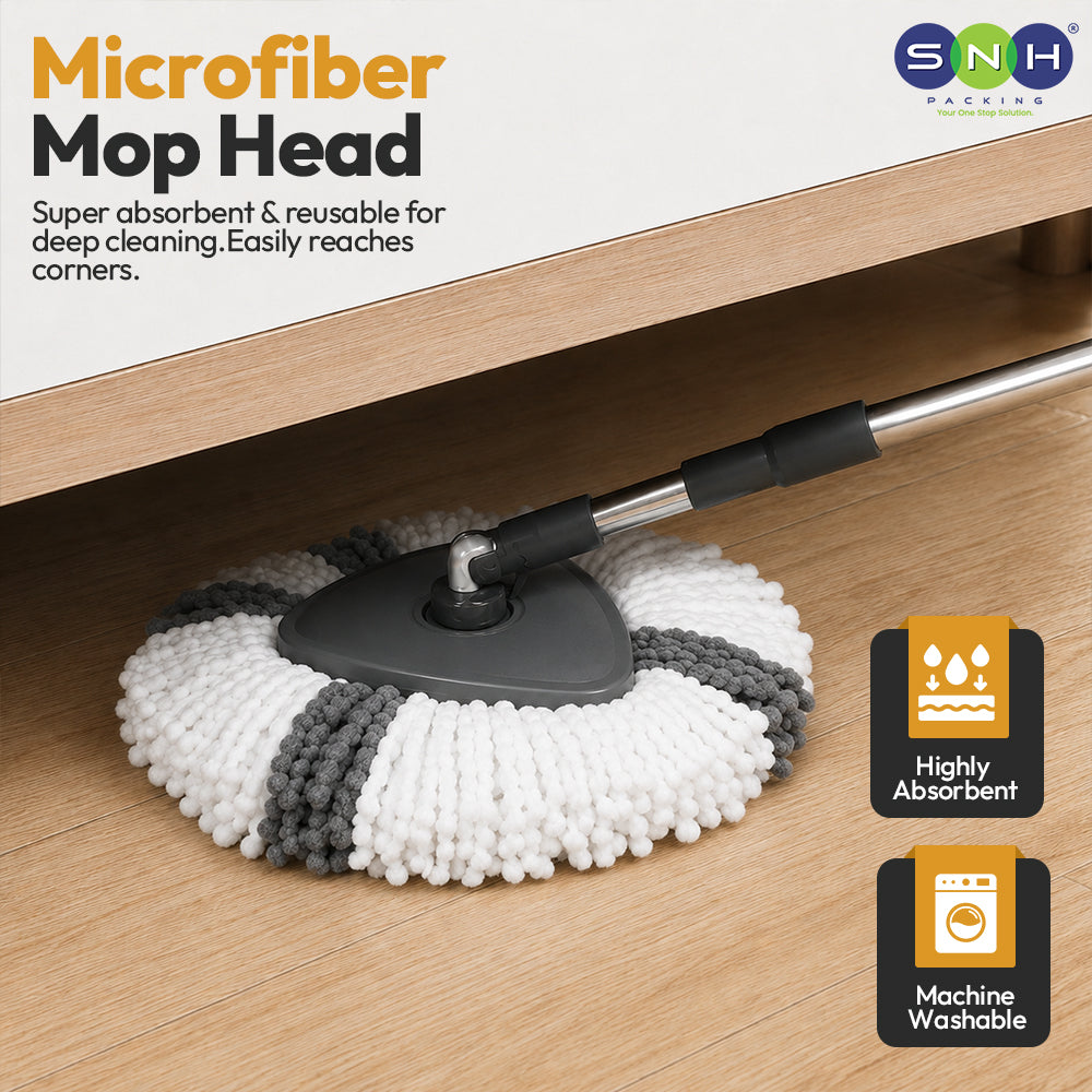 Microfiber mop head under a wooden table on a wood floor, with promotional text and SNH Packaging logos. The mop head is white and gray with a black center and a silver handle.
