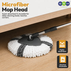 Microfiber mop head under a wooden table on a wood floor, with promotional text and SNH Packaging logos. The mop head is white and gray with a black center and a silver handle.