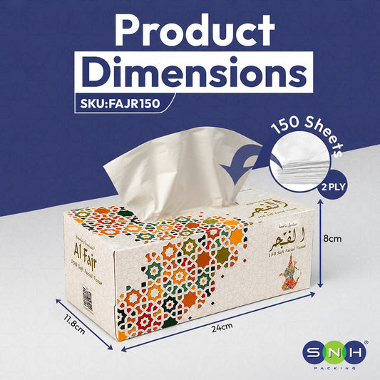 Product dimensions diagram for a box of Al Fair 130 soft tissue papers, showing the 24cm x 11.6cm x 8cm measurements, a tissue pull, and a circular inset indicating 150 sheets, 2 ply.