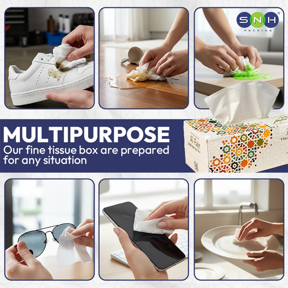 A promotional collage showing a multipurpose tissue box and hands using white tissue paper for cleaning a white sneaker, wiping a wooden surface, covering a spill, pulling tissue from the box, cleaning sunglasses, wiping a smartphone screen, and cleaning a plate. Text reads 'MULTIPURPOSE Our fine tissue box are prepared for any situation' with a SNH branding mark in the top right.