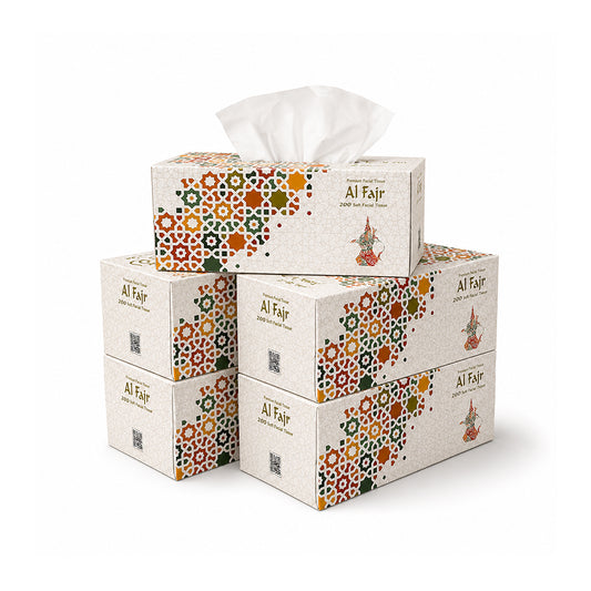 Five boxes of Al Fair hand towel tissue paper stacked together, with one box open to show the white tissue paper inside.