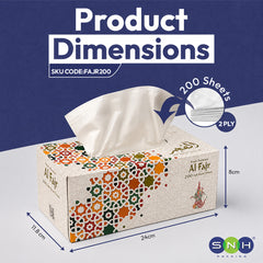 Product dimensions diagram for a box of Al Fajr tissue paper, showing the 11.8 cm, 24 cm, and 8 cm measurements with a tissue pulled from the top.