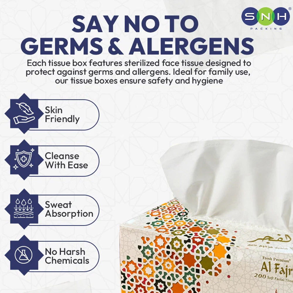 A tissue box packaging product shown on a light patterned background with promotional text. The box has a white base with multicolored geometric floral-style motifs in orange, green, yellow, and red.