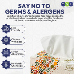 A tissue box packaging product shown on a light patterned background with promotional text. The box has a white base with multicolored geometric floral-style motifs in orange, green, yellow, and red.