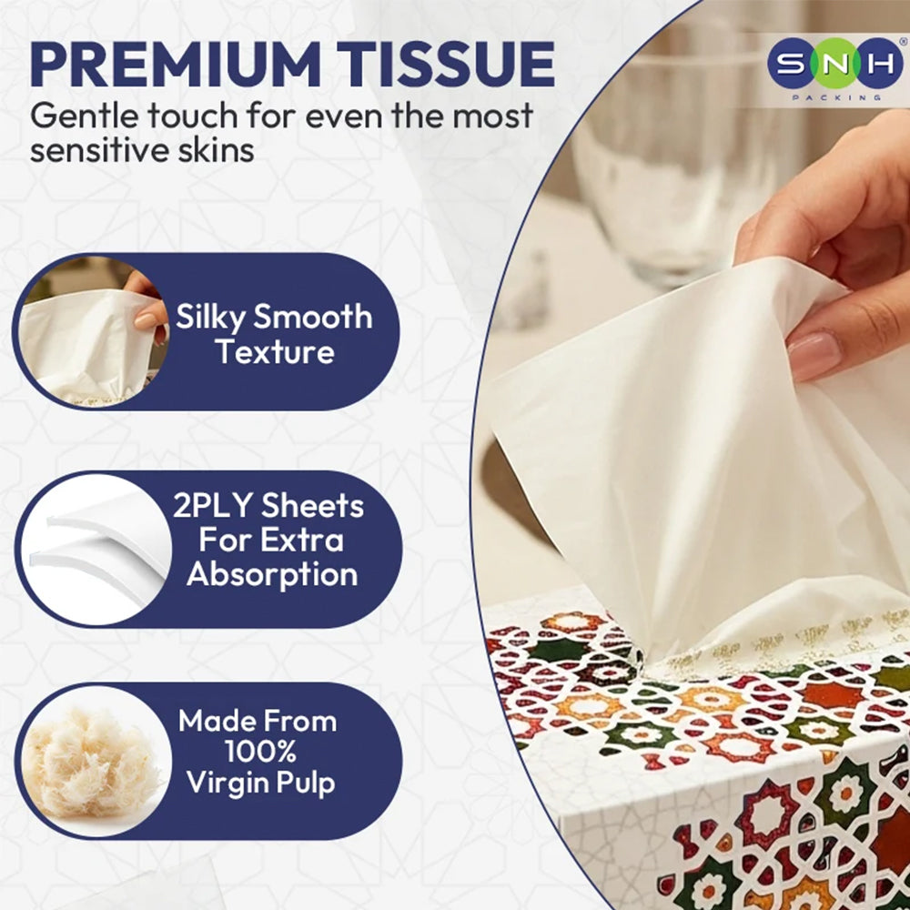 A promotional graphic for a tissue box. The right side shows a hand pulling a white tissue from a patterned box, while the left side lists selling points: 'PREMIUM TISSUE', 'Silky Smooth Texture', '2PLY Sheets For Extra Absorption', and 'Made From 100% Virgin Pulp'.