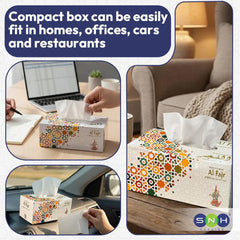 A collage showing a compact tissue box package with a tissue pulled out, placed in a home office, on a sofa, and inside a car. Text at the top says the compact box can easily fit in homes, offices, cars, and restaurants.