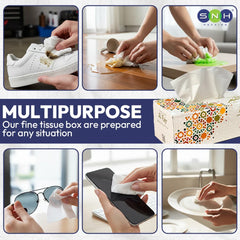 A collage showing a multipurpose tissue box and its use for cleaning. The top-right corner features the 'SNH SAVINGS' logo.