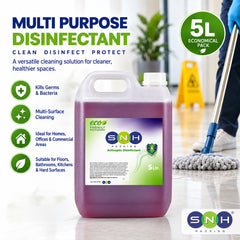 A 5L container of SNH Multi Purpose Disinfectant with a purple liquid, shown in a promotional graphic with cleaning benefits, a mop, and a person mopping in the background.