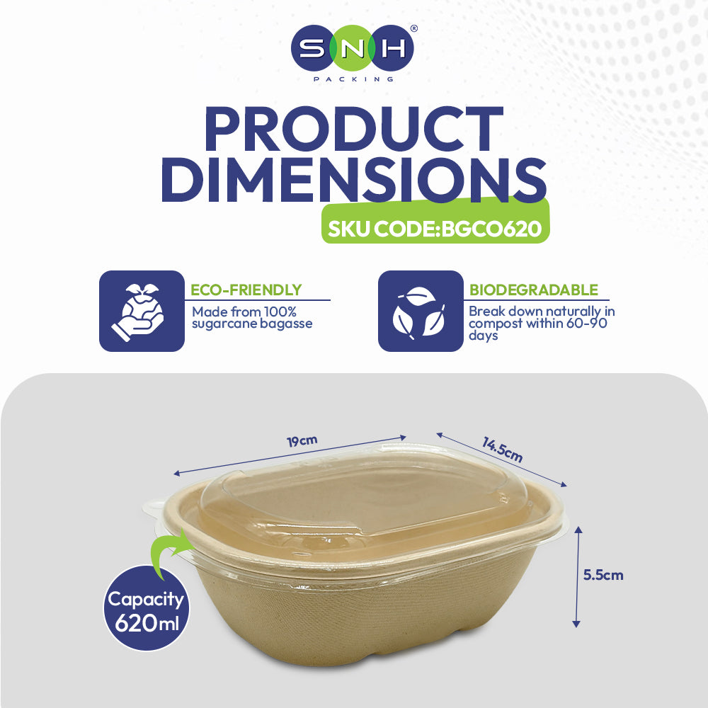 SNH bagasse oval container with PET lid 620ml takeaway bowl UAE