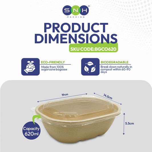 SNH bagasse oval container with PET lid 620ml takeaway bowl UAE