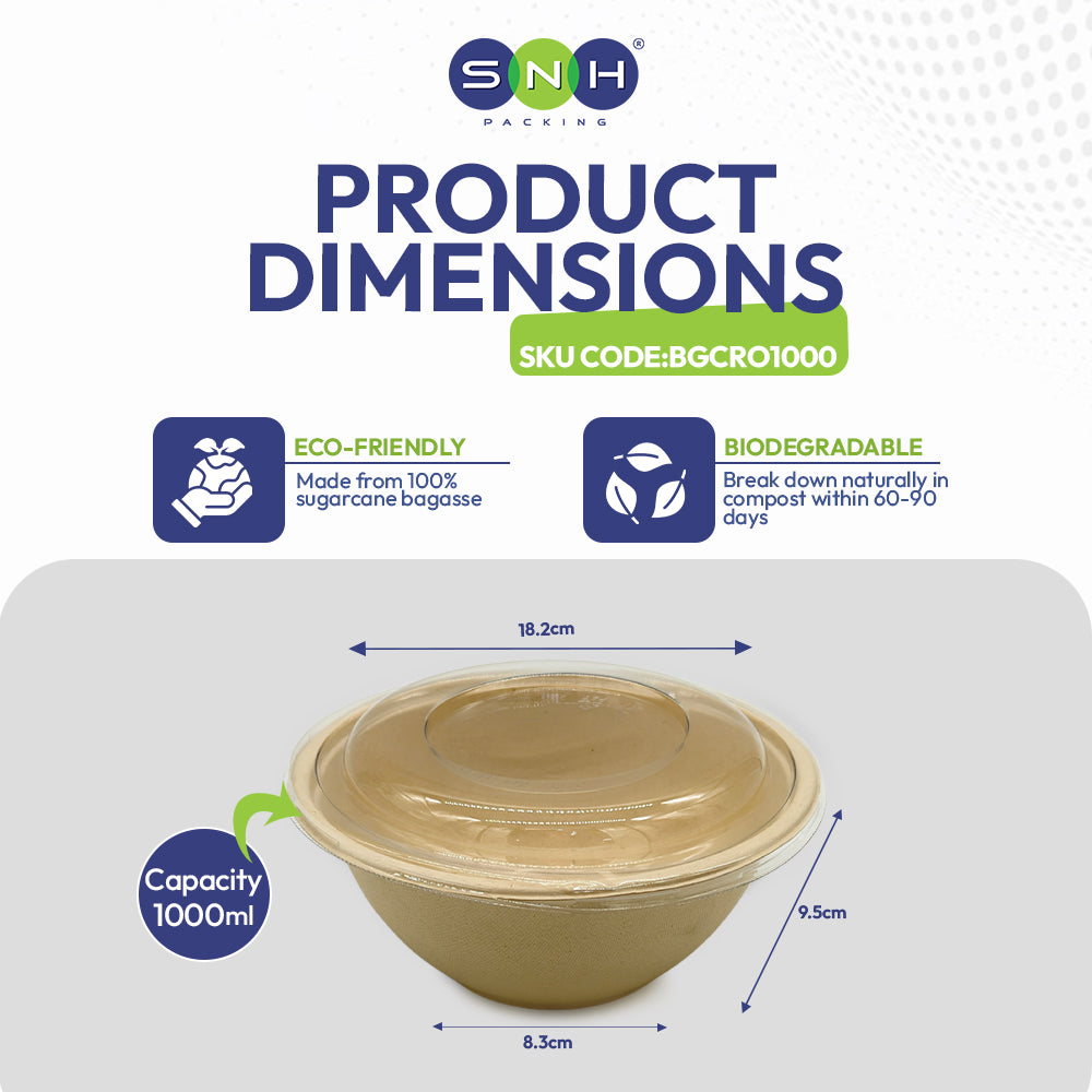 SNH bagasse round bowl with PET lid 1000ml takeaway bowl UAE