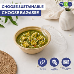 NH bagasse round bowl with PET lid 1000ml compostable takeaway container UAE