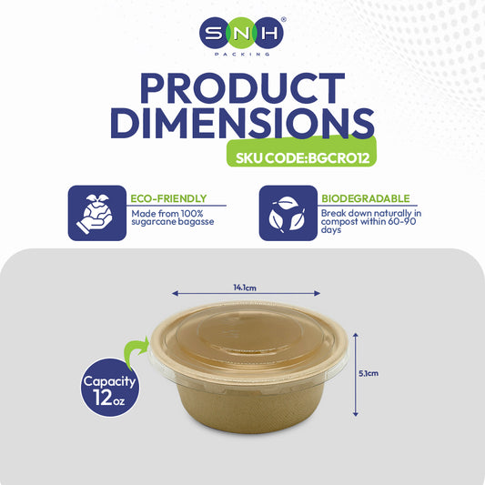 SNH bagasse round container with PET lid 12oz takeaway bowl UAE