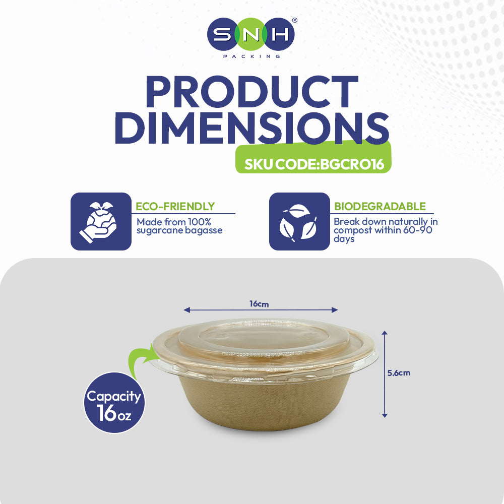SNH bagasse round container with PET lid 16oz takeaway bowl UAE