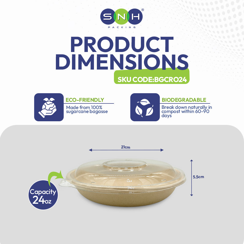 SNH bagasse round container with PET lid 24oz takeaway bowl UAE