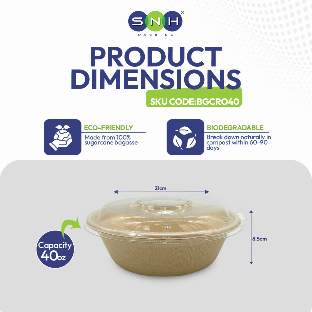 SNH bagasse round container with PET lid 40oz takeaway bowl UAE