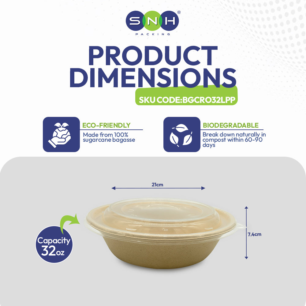 SNH bagasse round container with PP lid 32oz takeaway bowl UAE