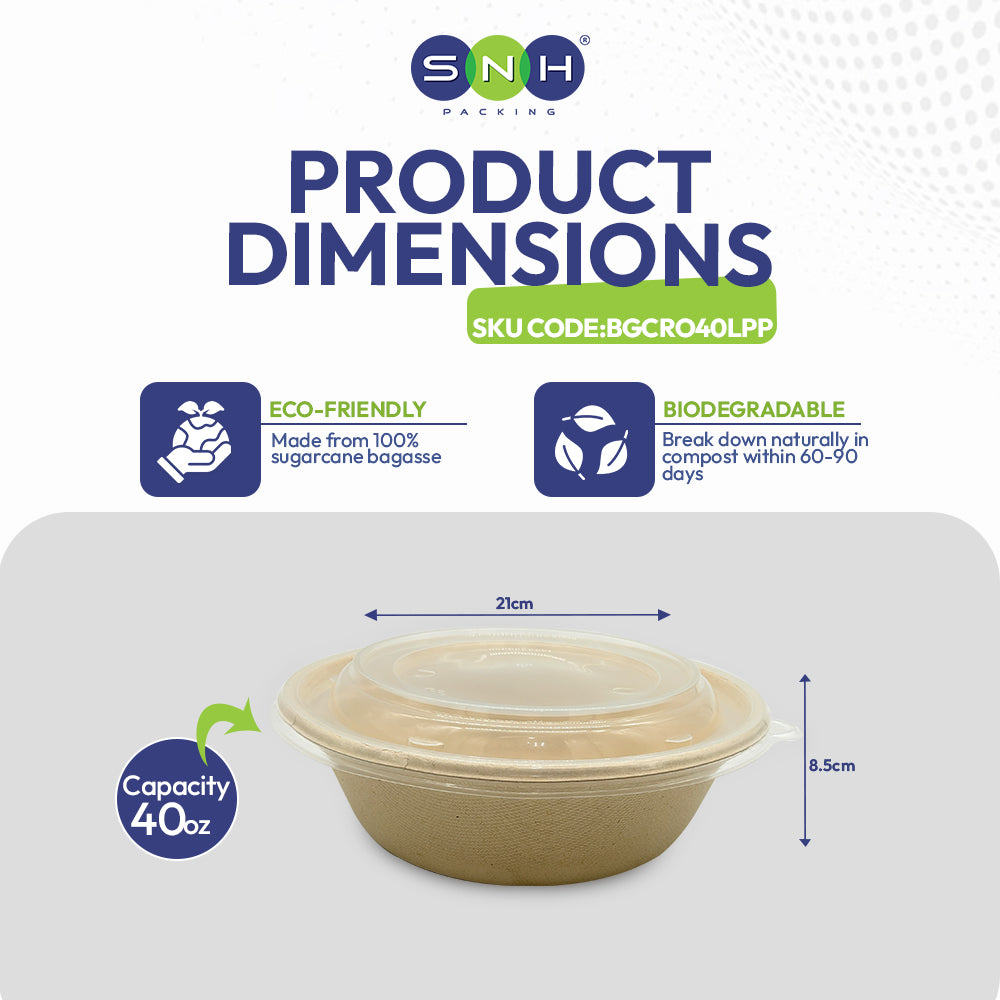 SNH bagasse round container with PP lid 40oz sustainable food packaging UAE