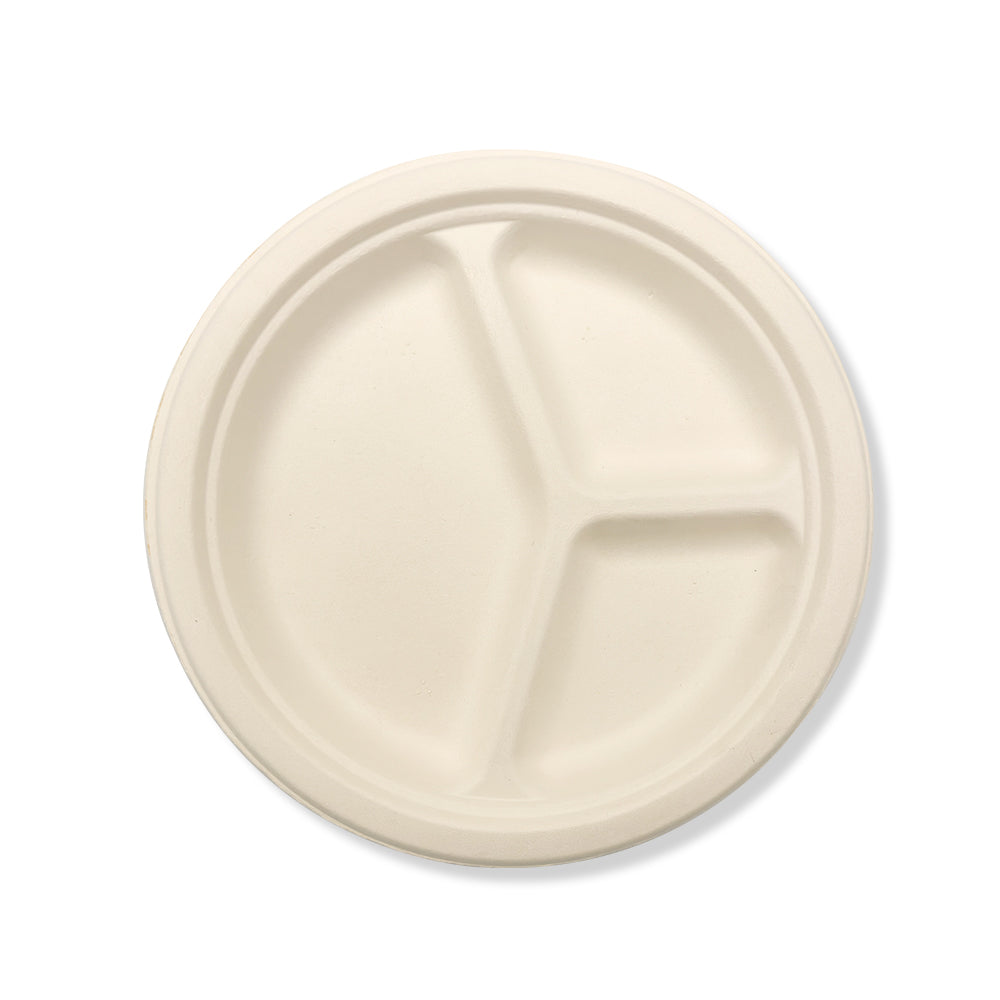 SNH bagasse round plate 10 inch 3 compartment eco friendly plate UAE