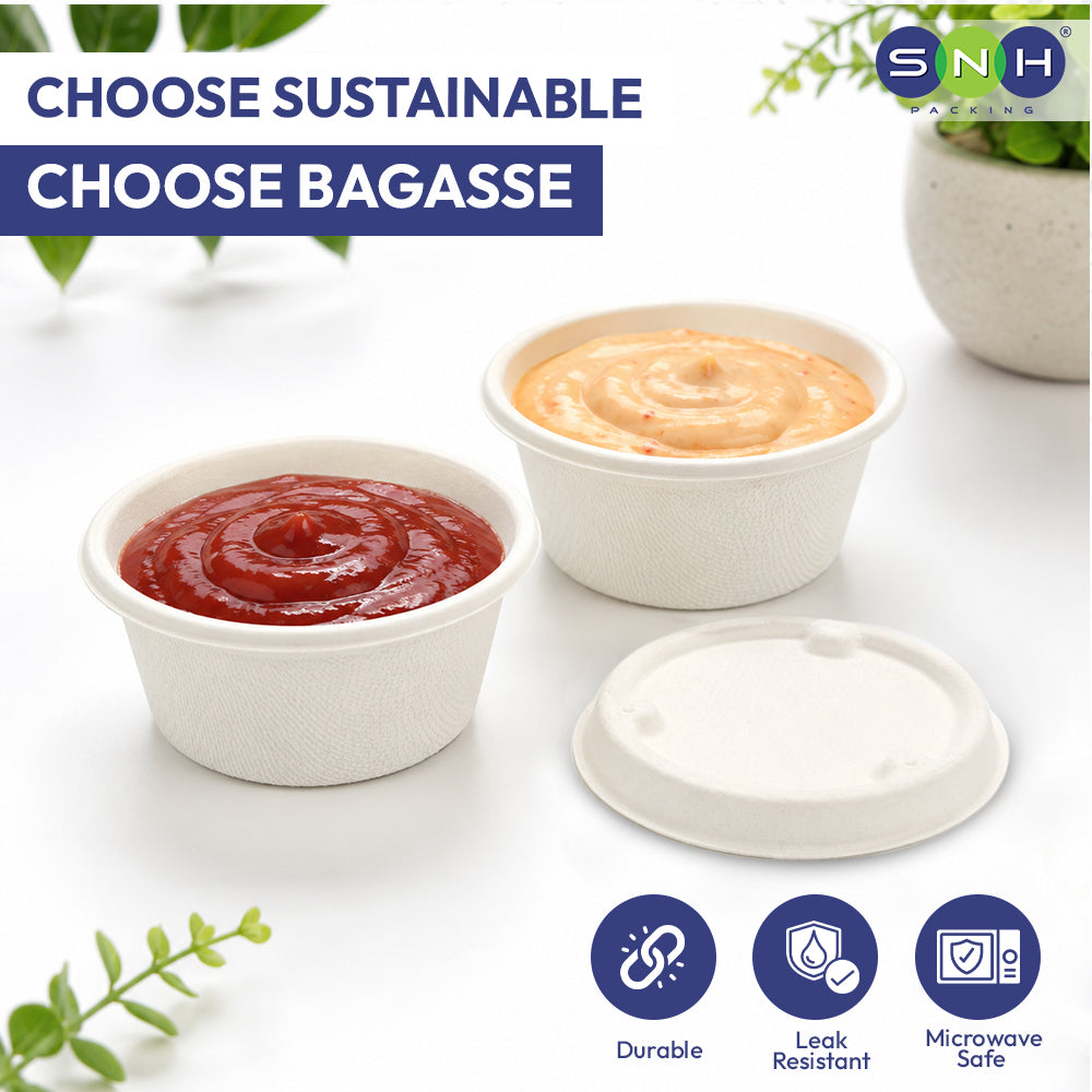 Two small white paper food containers filled with red and orange sauces, shown with a separate white lid on a clean white background. Promotional text reads 'CHOOSE SUSTAINABLE CHOOSE BAGASSE' and SNH Solutions branding appears in the top right, with durability, leak resistance, and microwave safety icons along the bottom.