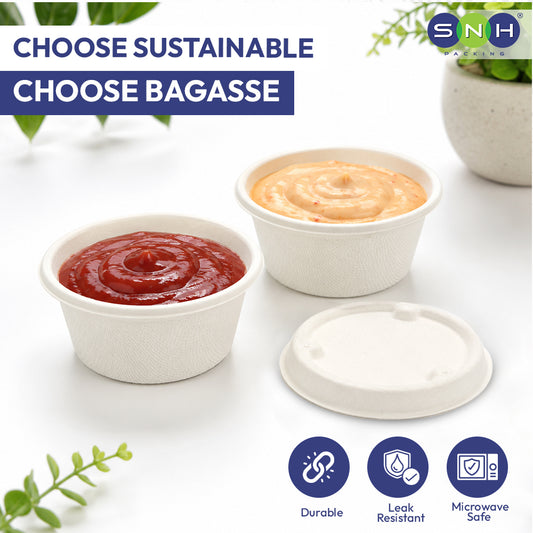 Two small white paper food containers filled with red and orange sauces, shown with a separate white lid on a clean white background. Promotional text reads 'CHOOSE SUSTAINABLE CHOOSE BAGASSE' and SNH Solutions branding appears in the top right, with durability, leak resistance, and microwave safety icons along the bottom.