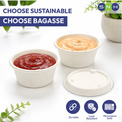 Two small white paper food containers filled with red and orange sauces, shown with a separate white lid on a clean white background. Promotional text reads 'CHOOSE SUSTAINABLE CHOOSE BAGASSE' and SNH Solutions branding appears in the top right, with durability, leak resistance, and microwave safety icons along the bottom.