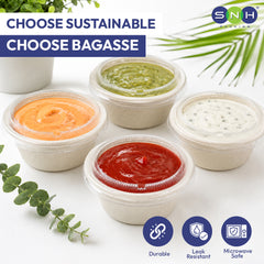 Four small round plastic bags of colorful sauces or dressings arranged on a white surface with decorative greenery and text reading 'CHOOSE SUSTAINABLE CHOOSE BAGASSE.' The bags are filled with orange, green, white, and red contents, and three blue circular icons at the bottom highlight durability, leak resistance, and microwave safety.