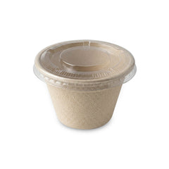 A small round plastic food container with a clear lid, made from a textured beige biodegradable material, shown on a plain white background.