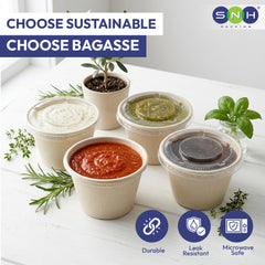 Five small beige bagasse containers with lids are arranged on a white tabletop, holding different sauces. The image includes promotional text reading 'CHOOSE SUSTAINABLE CHOOSE BAGASSE' and a SNH Packaging logo, plus durability, leak resistance, and microwave safety icons.