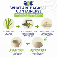 An informational infographic from SNH Pacing explaining what bagasse containers are. It features a step-by-step process diagram with illustrations of sugarcane, a juicer, molded pulp, and finished containers, labeled in French and English on a white background with blue and green text.