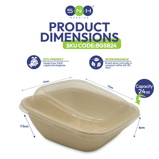 Beige food container with dimensions and eco-friendly features on a white background