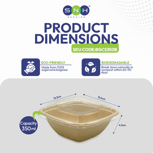 SNH bagasse square bowl container with PET lid 350ml takeaway food bowl UAE