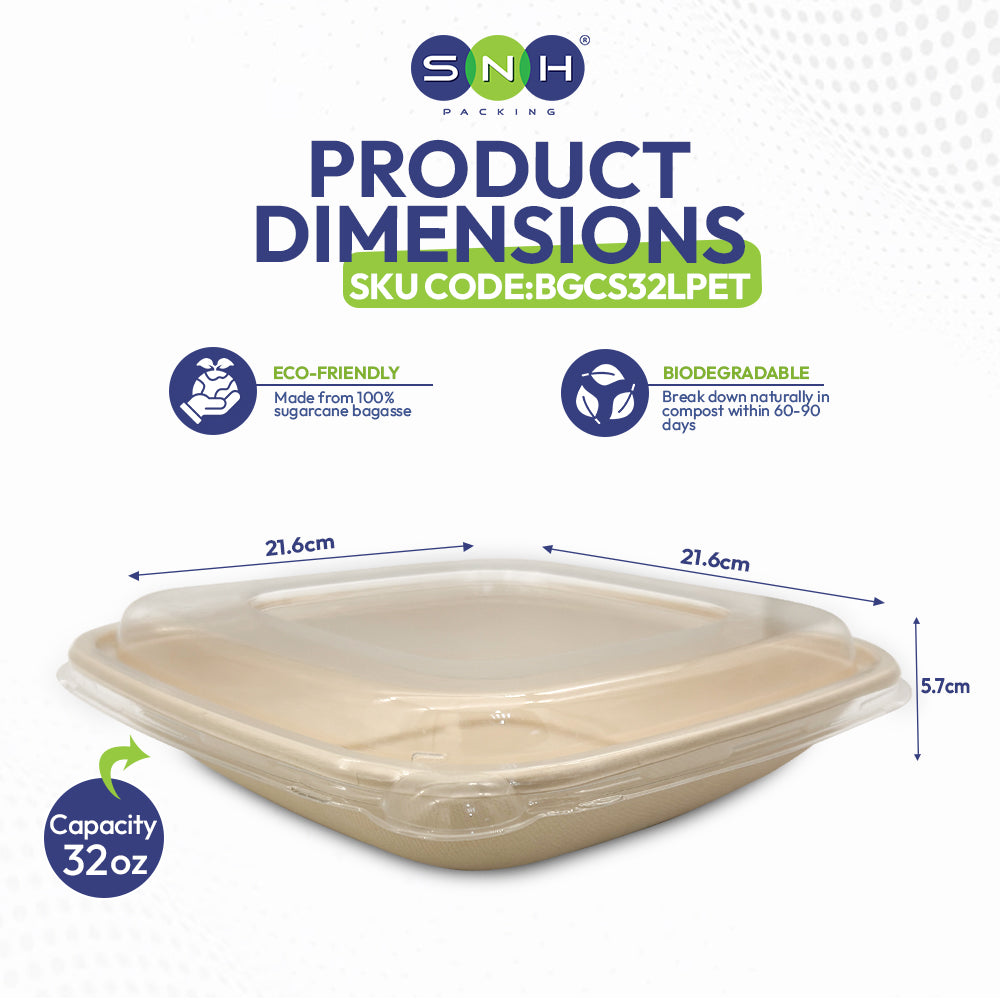 A square, eco-friendly container made from sugarcane bagasse is shown. It measures 21.6cm by 21.6cm by 5.7cm, holds 32oz, and is biodegradable.