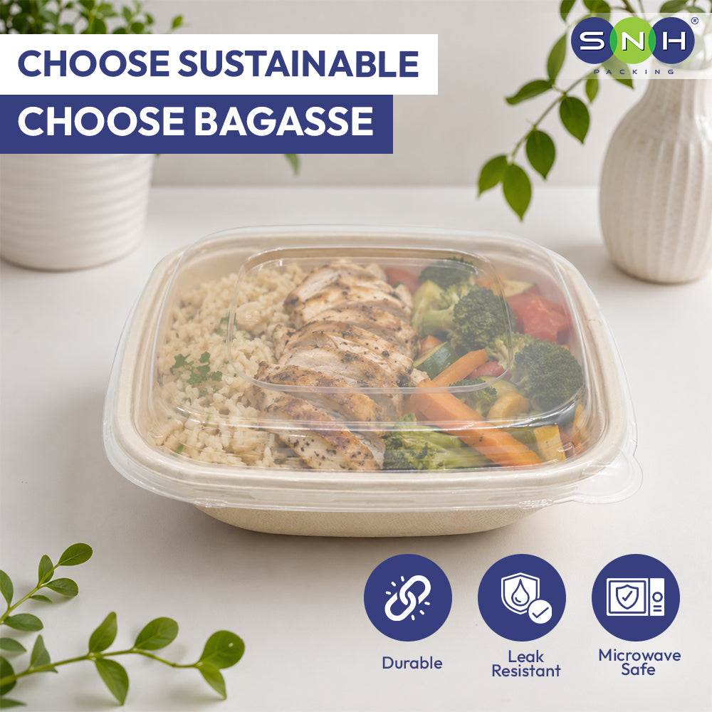 Sustainable bagasse food container with chicken, rice, and vegetables on a table. Text: "Choose Sustainable, Choose Bagasse." Icons: Durable, Leak Resistant, Microwave Safe.