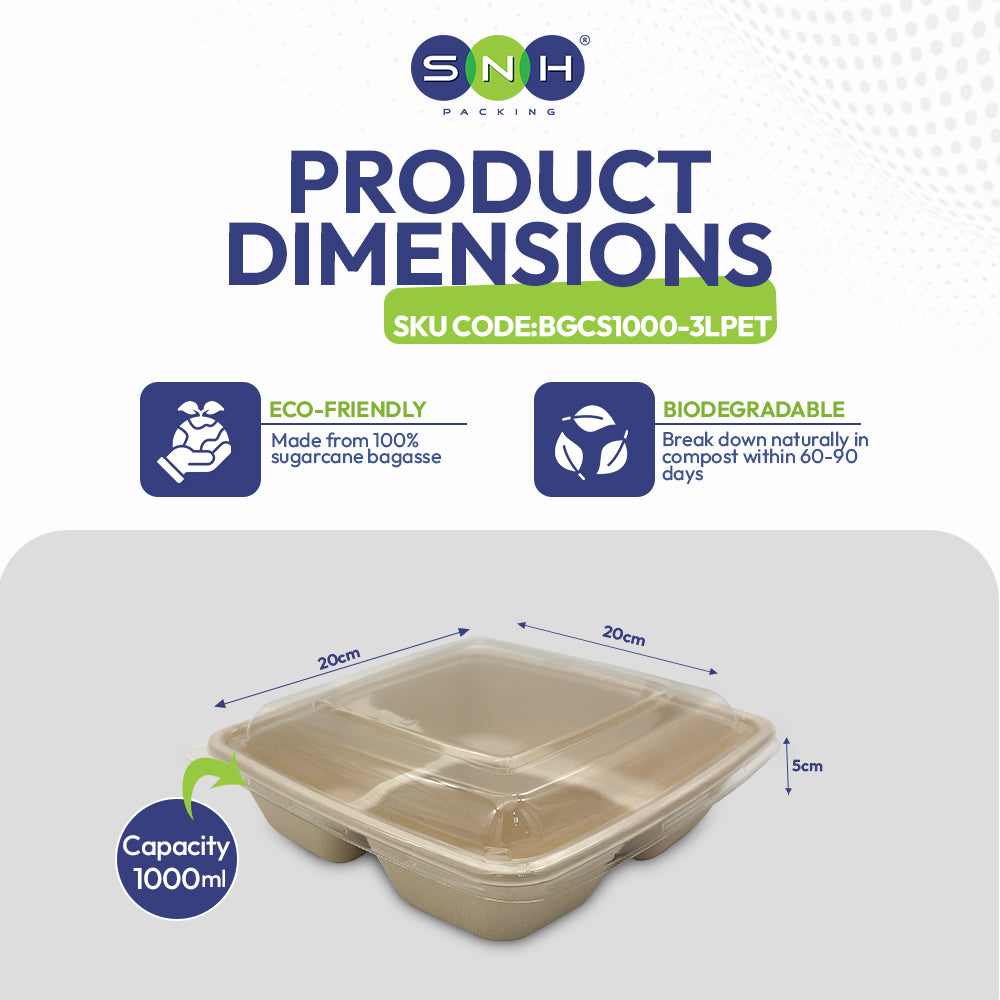 Product dimensions of a biodegradable container with SNH branding and eco-friendly features.