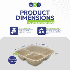 Product dimensions of a biodegradable container with SNH branding and eco-friendly features.