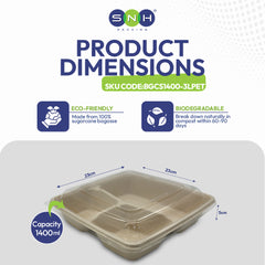 SNH Packaging product dimensions with eco-friendly and biodegradable features on a white background.